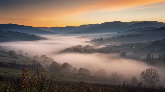 Valley fog timelapse mist flowing gently with light slowly revealing the beautiful terrain below