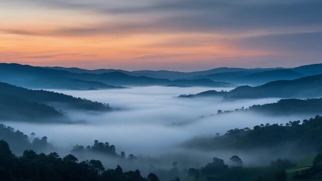 Valley fog timelapse mist flows gently and light slowly reveals the open countryside terrain