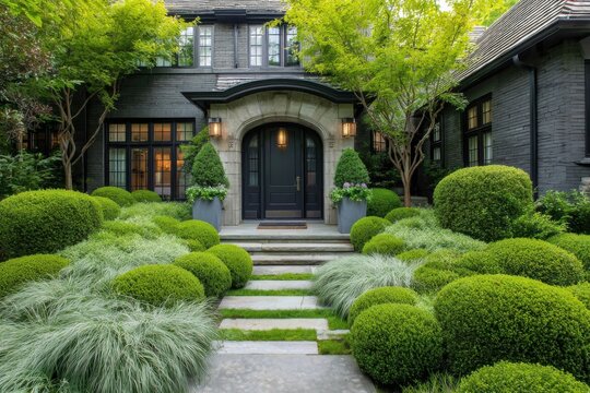 Beautiful garden pathway leads to a house with a dark entrance and lush green plants on a sunny day in a residential area