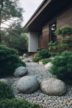 A charming stone pathway gracefully winds its way to a contemporary wooden house, surrounded by lush greenery and vibrant plants in a beautiful garden setting.