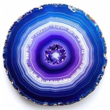 Slice of deep blue, violet, and white agate with crystalline center