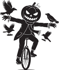 Black silhouette of a jack o lantern character on a unicycle with crows halloween white © Soriyea