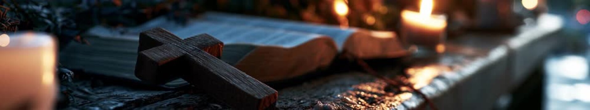 Wooden Christian Cross on Open Bible by Candlelight, Seamless Loop Animation, Wide Format