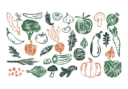Rustic linocut vegetable set hand drawn textured stamp icons. Organic farm market harvest produce illustration