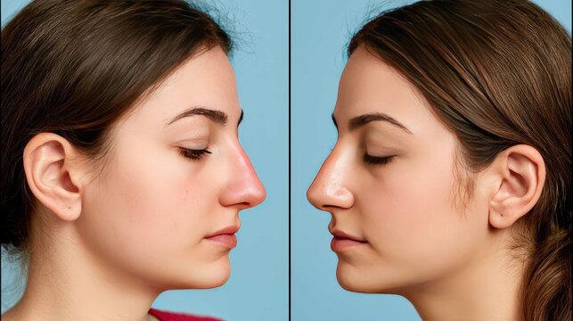 Side Profile Comparison of Two Young Women with Different Nose Shapes and Skin Tones Against a Plain Background