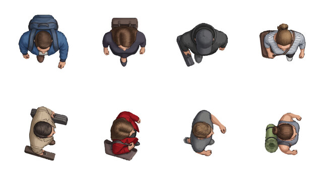Top view Diverse group of people walking seen from a top view perspective including men and women carrying bags backpacks and yoga mats for architectural visualization.