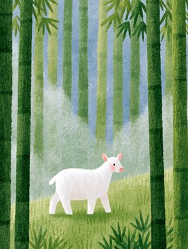 Peaceful Pastoral Scene with a White Sheep in a Wooded Area