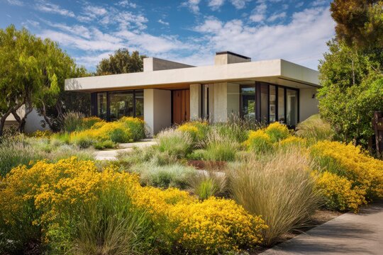 On a vibrant sunny day, a modern house is elegantly framed by colorful flowers, set against a backdrop of clear blue skies and lush greenery in a beautiful garden