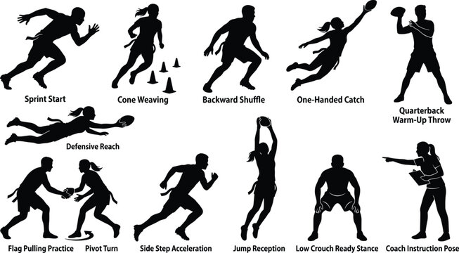 Football training silhouette icons showing sprint start cone weaving backward shuffle quarterback throw defensive reach flag pulling pivot jump reception