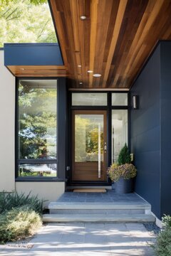 Modern entrance of a house with a sleek design located in a suburban neighborhood featuring a wooden ceiling and plants near the door