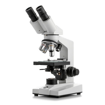 White binocular compound microscope on black background