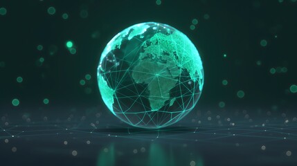 Fototapeta premium Glowing green digital globe with network connections and data points floating above a reflective surface representing global technology and connectivity