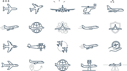 Minimalist Black Line Aviation and Air Travel Airplane Icon Set with Helicopter Control Tower Globe Flight Route and Runway Graphic Vector DesignsMinimalist Black Line Aviation and Air Travel   © MstKamrun