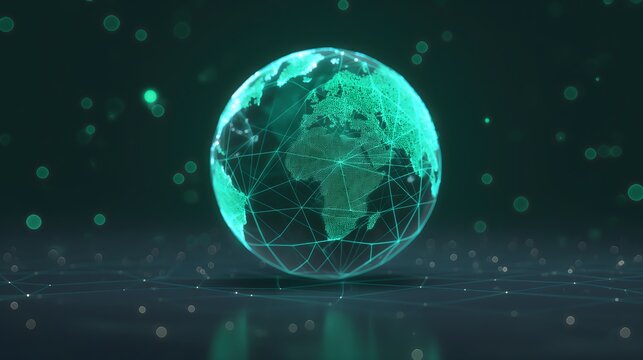 Glowing green digital globe with network connections and data points floating above a reflective surface representing global technology and connectivity
