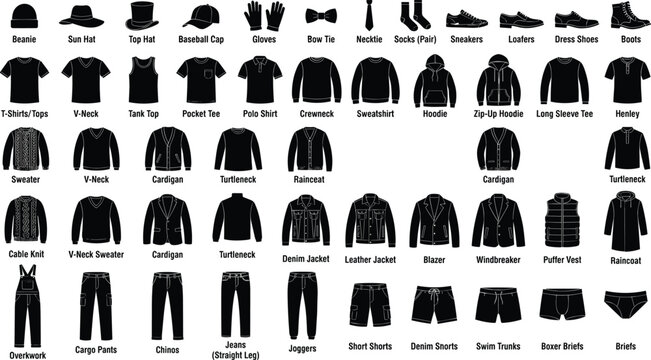 Men fashion clothing and apparel vocabulary silhouette icons set featuring labeled shirts jackets trousers and footwear vector illustrations on white background