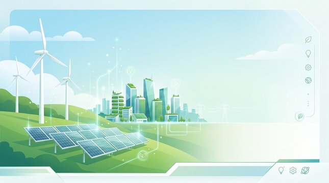 Modern smart city powered by renewable energy featuring solar panels, wind turbines, sustainable buildings, and clean technology. Eco-friendly urban landscape illustrating green energy, carbon neutral