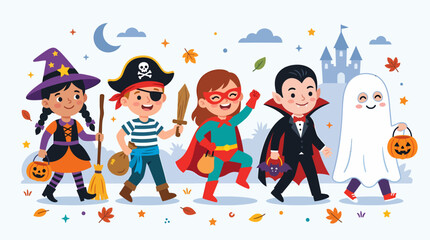 Fototapeta premium Four diverse children smiling and celebrating together in colorful attire.
