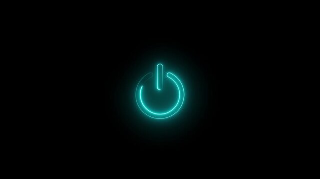 glowing neon cyan power button symbol glowing against a dark in simple graphic style. Neon power button icon animation 4k video