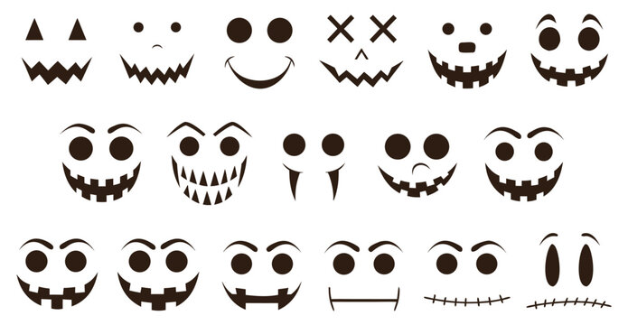 Spooky halloween pumpkin faces set with scary, funny and creepy expressions
