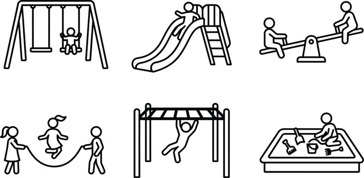 Playground line art illustration set with children playing on swings, slide, seesaw, monkey bars.