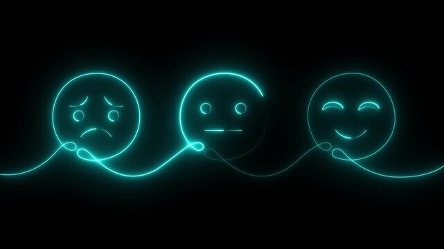 glowing neon emotional faces showing transition from sadness to happiness. Minimalist continuous line art concept of emotional regulation, mood change, mental health animation 4k video