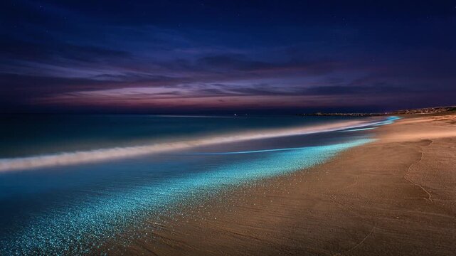 Twilight beach loop bioluminescent waves shimmer gently with sand reflecting ambient night glow