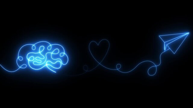 glowing neon Minimalist continuous line drawing of brain heart and paper airplane symbolizing creativity love imagination and freedom.Motion graphics of concept black background.animation 4k video