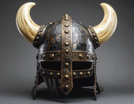 Ornate dark metal horned helmet with gold trim and tusks