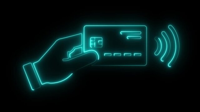 glowing neon Hand holding a credit card icon for fast digital payment systems. representing for wireless signal waves, secure transaction,