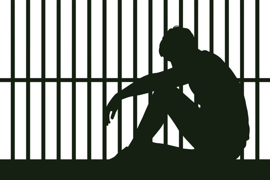 Silhouette of person sitting behind prison bars in slouched posture, symbolizing confinement, isolation, and emotional distress in stark black illustration.
