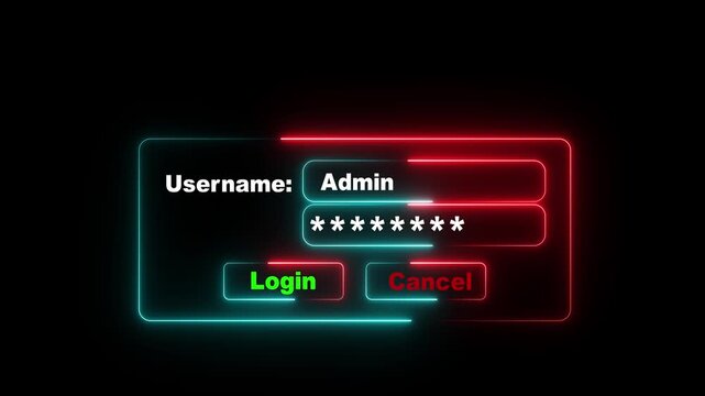 Futuristic login screen with neon red glowing borders for username and password fields animation 4k video