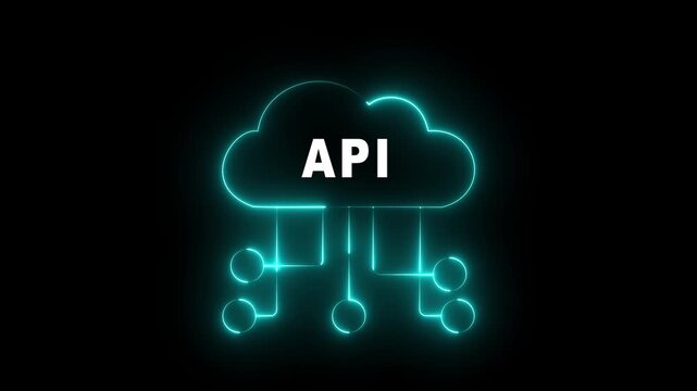 glowing neon blue cloud icon with API text and connecting lines on black background animation 4k video