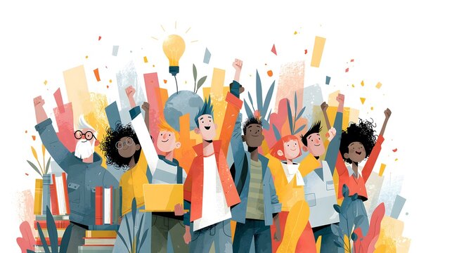 Vector artwork of young adults with raised hands, laptop, and books for higher education and youth unity illustration.