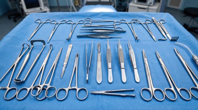 Sterile surgical instruments arranged on blue drape, medical tools for surgery, operating room equipment, scalpels forceps scissors, hospital healthcare concept, clinical settin...