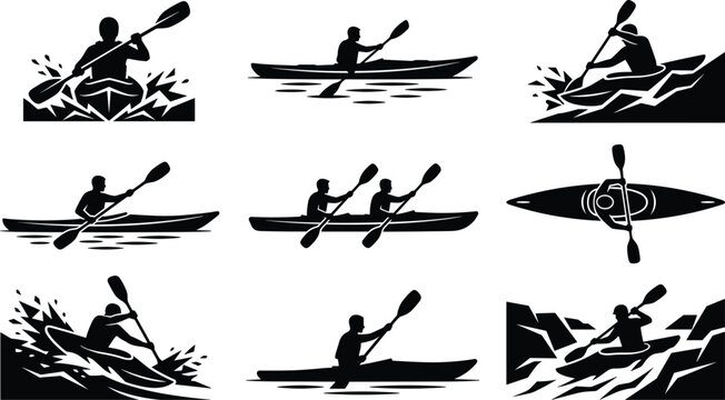 Kayaking Silhouette Vector Icon Set with Kayakers Paddling on Rivers, White Water Rapids, Lakes, and Tandem Kayak Icons for Outdoor Adventure Design