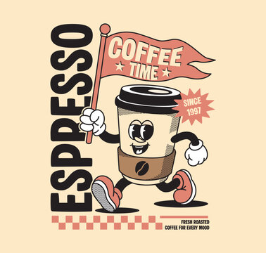 Retro coffee cup mascot with bold vintage style and playful typography. Ideal for streetwear, hoodies, t shirts, stickers, posters, cafe branding, and merchandise designs