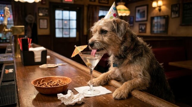 A Playful Dog Enjoys a Fun Celebration at the Bar, Sipping on a Colorful Cocktail with a Party Hat, Surrounded by Snacks and Cheerful Atmosphere