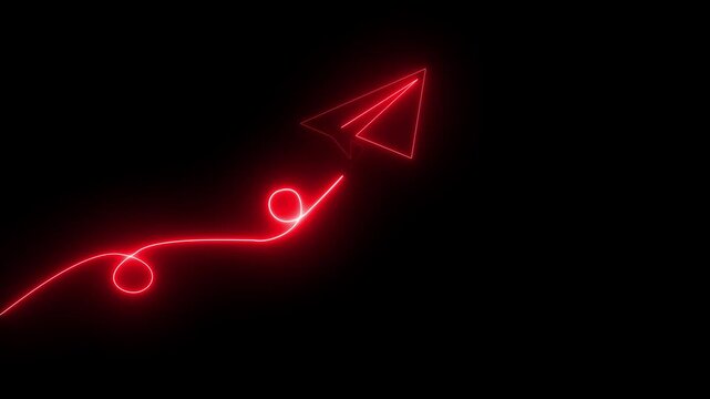 Glowing Red Neon Paper Plane Icon with Continuous Line Path on Black Background, Futuristic Message Send Symbol, Seamless 4K Animation