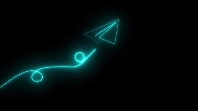 Glowing cyan Neon Paper Plane Icon with Continuous Line Path on Black Background, Futuristic Message Send Symbol, Seamless 4K Animation
