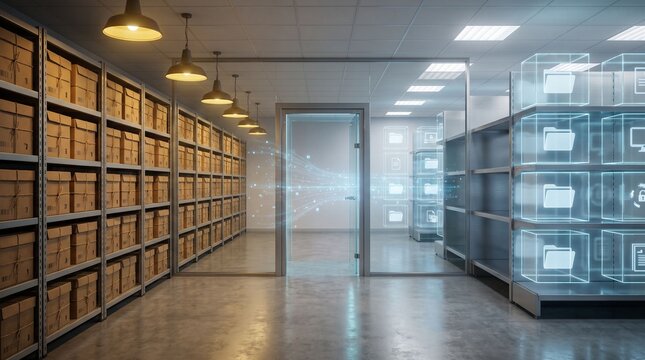 Warehouse archive with boxes and shelves overlaid by a digital interface, showing company digitization, paperless record management, and secure data access.