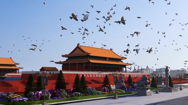 A large flock of peace doves is flying over Tiananmen Square in Beijing, China.