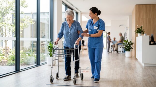 Nurse helping senior woman walk with walker in modern clinic hallway, rehabilitation therapy, mobility support for elderly patients, physiotherapy session, assisted living facil...