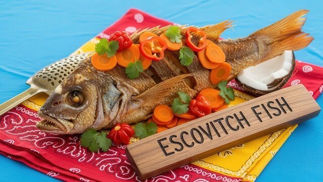 Traditional Jamaican Escovitch Fried Snapper with Pickled Vegetables and Caribbean Blue Copy Space