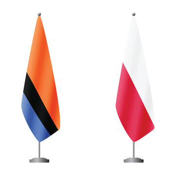 Chagos Islands and Poland flags on flagpoles for official ceremonies and meetings, transparent background vector