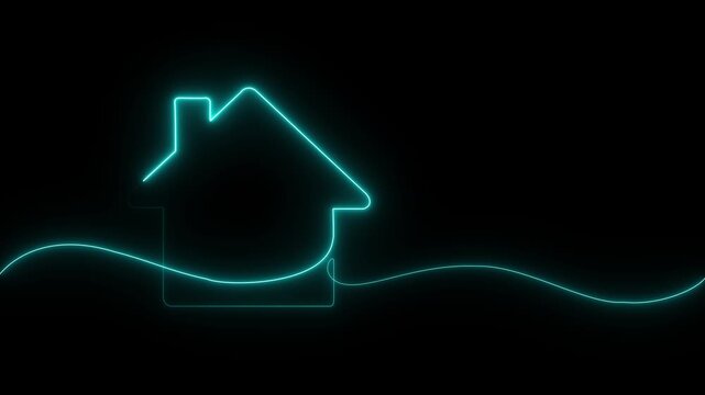 glowing neon Continuous One Line Drawing House Loop Animation Motion graphics of concept black background. 4k video
