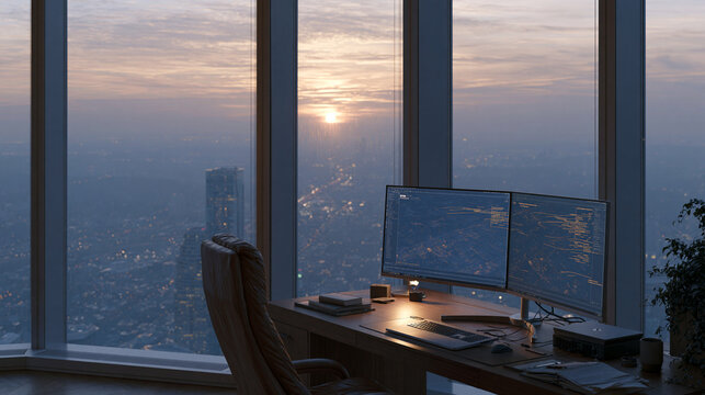 Penetration tester's dual monitor setup glowing at twilight blue hour reflecting off expansive curtain wall glazing, showing before and after vulnerability scan maps of a building