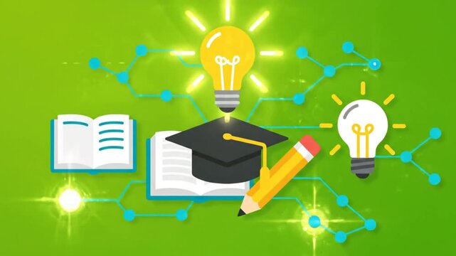 Creative Educational Concept Depicting Graduation, Knowledge, and Innovation with Dynamic Elements on Green Background
