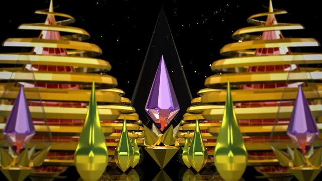 Futuristic Golden Crystal Tunnel with Purple Gem and Abstract Luxury Architecture