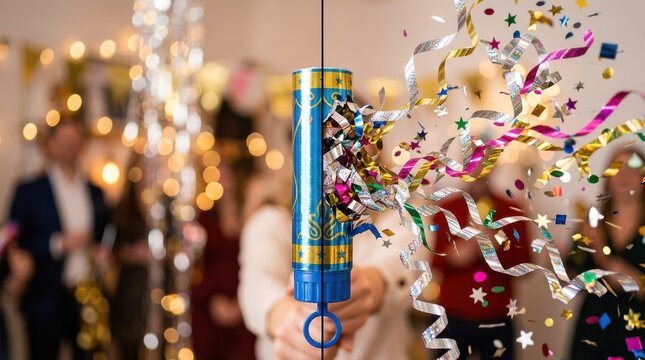 Hand Holding Exploding Party Popper with Colorful Confetti at Festive Celebration