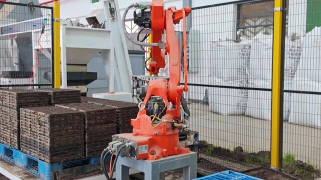 Industrial robotic arm handling rice cultivation substrate operation scenario